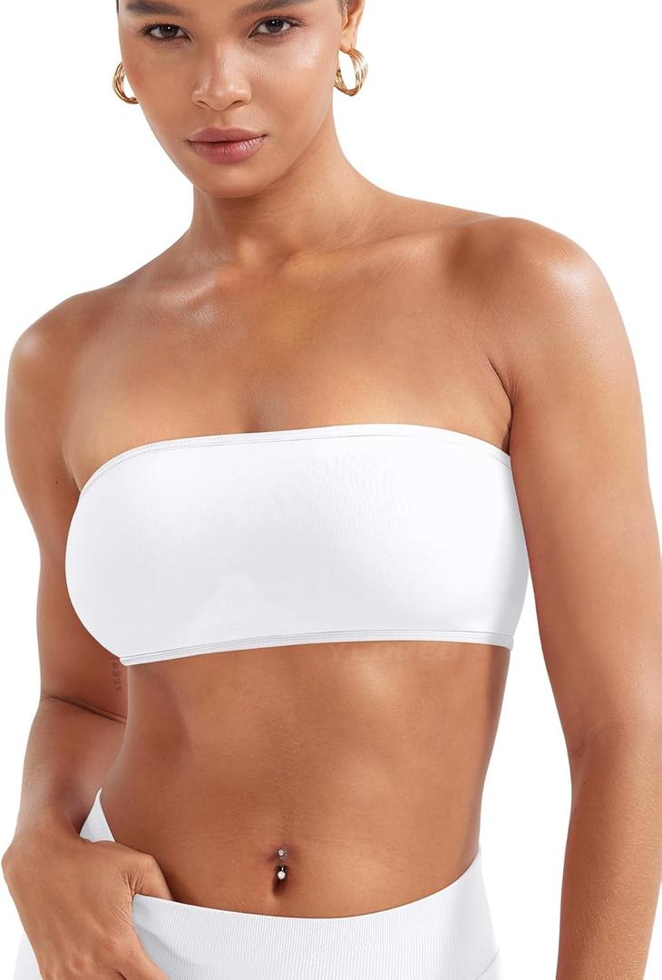 YEOREO Women Strapless Bandeau Sports Bra Padded Tube Top Workout Impact Backless Bralette Seamless Gym Yoga Everyday Bras (Small, Ivory)