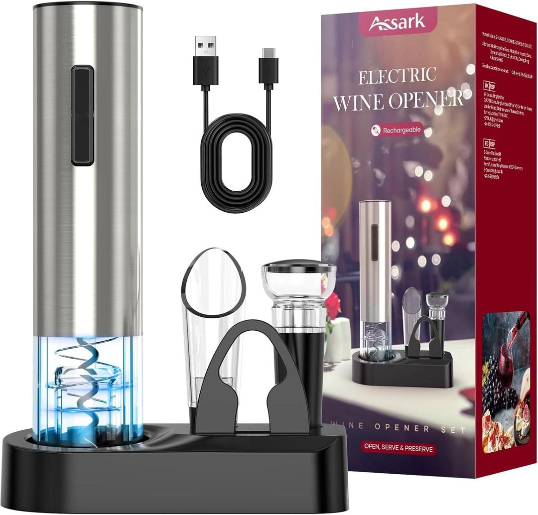 Electric Wine Opener,Automatic Wine Bottle Opener Rechargeable Cordless Electric Corkscrew Wine Opener Gift Set with Wine Stopper, Foil Cutter, Wine Aerator,Storage Base & Charging Cable