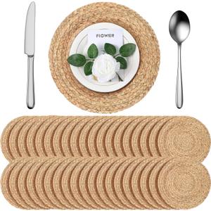 FoldTier 40 Pcs Round Placemats Bulk Plate Chargers Set 11.8 Inch Woven Placemat Rustic Braided Straw Rattan Charger Natural Water Hyacinth Place Mat for Wedding Party Table Single Tableware Use