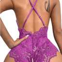 SOLY HUX Women's One Piece Lingerie Sexy Lace Babydoll Deep V Teddy Criss Cross Backless Teddy Mini Bodysuit (Purple, M)