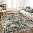 6'x9' Green Washable Area Rug Boho Chic Medallion Distressed Design Non-Shedding Easy Care Ideal for High Traffic Areas in Living Room Bedroom Office Kitchen Coffee Table Large Carpet