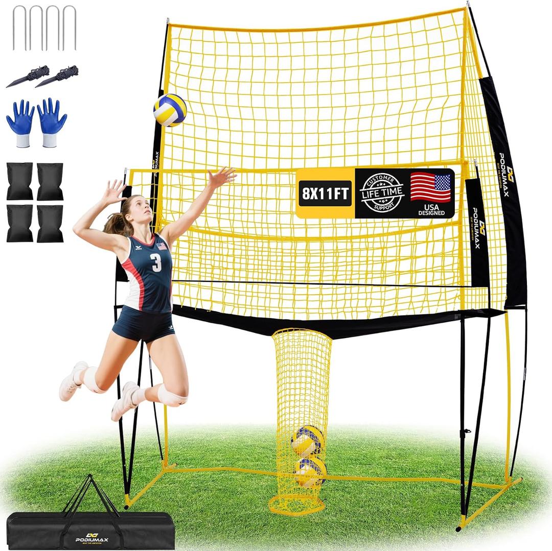 PodiuMax Volleyball Training Equipment, 11x8FT Adjustable 6.58 ft, Volleyball Practice Net for Serve & Spike, 2-in-1 Train & Play, Fast Setup, Stable Frame Training Net for Backyard Indoor Outdoor