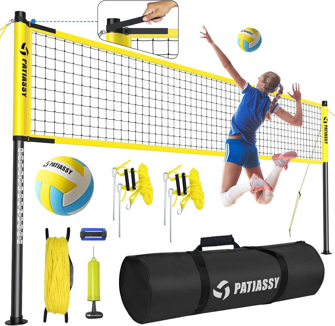 Outdoor Volleyball Net System, 32FT Regulation Size Anti-Sag Net, Quick Setup Adjustable Height Poles, Volleyball Set with Pump, Hammer, Boundary Line and Carry Bag for Backyard Beach Lawn