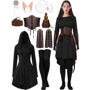 SOMSOC Women Renaissance Halloween Fairy Costumes Medieval Hooded Robe Lace Up Dress Accessories Set Cosplay (Small, Black)