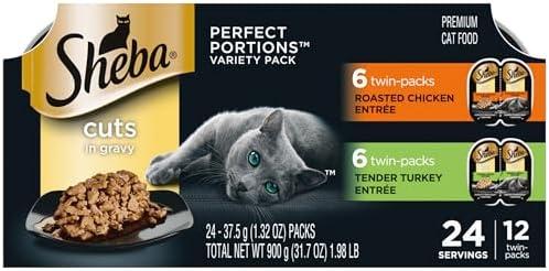 Sheba Perfect Portions Wet Cat Food Cuts in Gravy Variety Pack, Roasted Chicken Entree and Tender Turkey Entree, 2.6 oz. Twin-Pack Trays (12 Count, 24 Servings), Best Before 09/2027