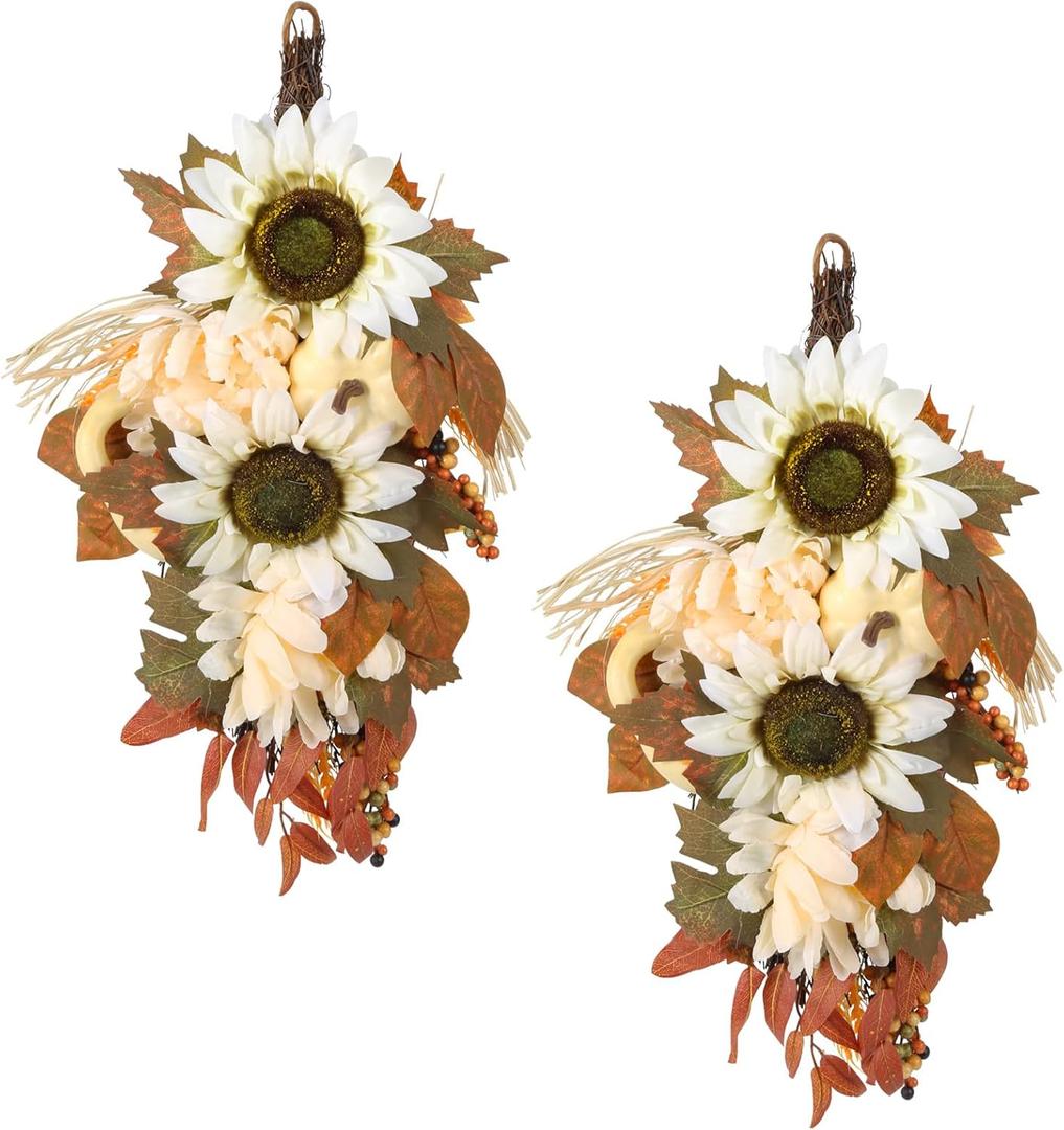 2PCS Artificia Fall Teardrop Swag 17.72" Autumn Swag Sunflowers Pumpkins Dahlias Berries Door Swag Hanging Flower Wreath for Thanksgiving Fall Front Door Window Wall Decor(A)