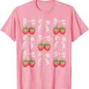 Cute Pink Bow Coquette Strawberry Clean Girl Aesthetic T-Shirt (Small)