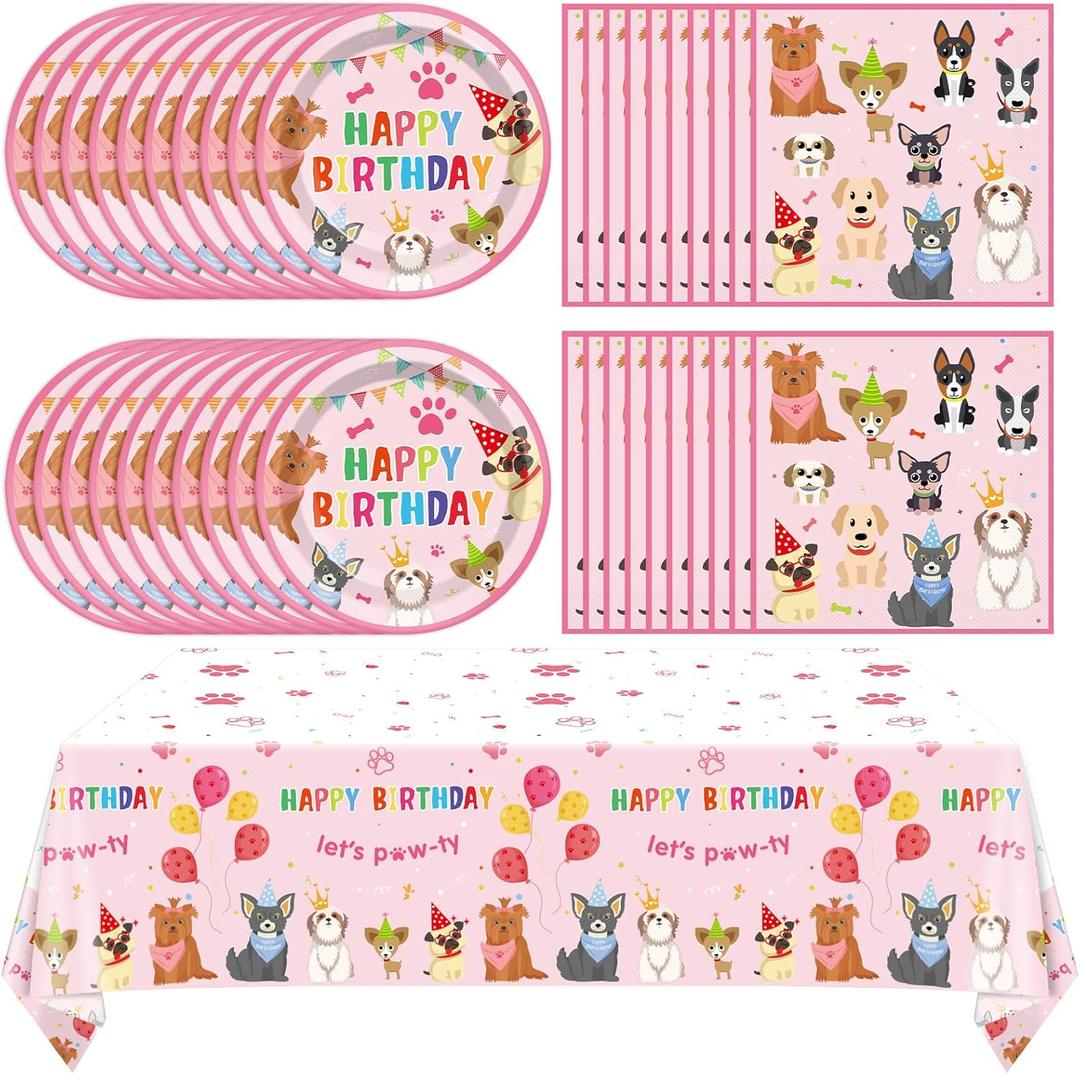 41PCS Pink Dog Birthday Party Decorations Set Puppy Party Supplies Including Dog Girl Party Plates Napkins Tablecloth Serves 20 Guests for Dog Birthday Parties Decorations