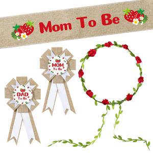 R HORSE 5Pcs Mom to Be Sash Dad to Be Pin, Strawberry Neutral Burlap Maternity Sash Corsage Pin and Flower Crown Headband, Pregnancy Props Gender Reveals Party Baby Shower Decorations Keepsake Gifts