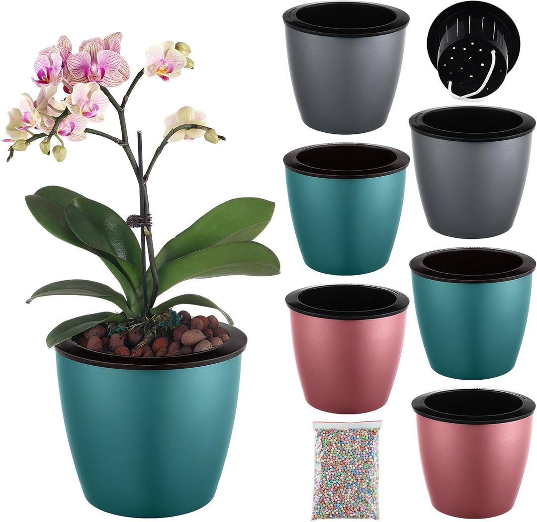 Planterhoma 6.7 Inch Self Watering Pots for Indoor Plants, 6 Packs African Violet Pots, Black Wick Pot with Drainage Holes, Self Watering Planters for Orchid, Devil's Ivy, Silver/Blue/Rose Gold