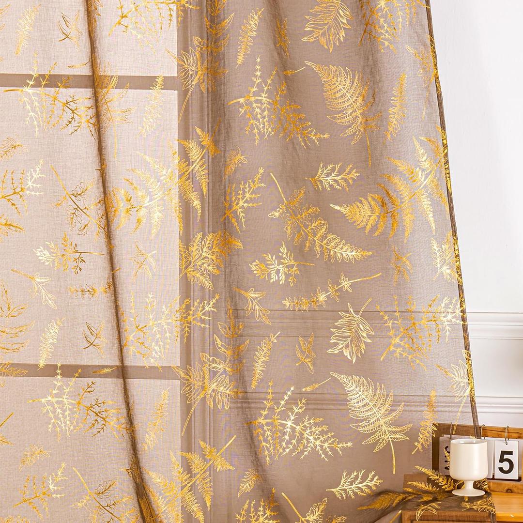 Deeprove Sheer Curtains 96 Inches Long 2 Panels Set, Gold Print Foil Metallic Shimmer Leaf Window Treatments for Bedroom Living Room, Golden Bronzing Privacy Drapes Pair 52" W x 96" L, Taupe Brown