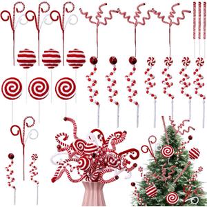 24 Pcs Christmas Candy Cane Tree Picks Red Furry Christmas Tree Topper Decorations Candy Cane Furry Curly Legs Ornaments for Xmas Wreath DIY Crafts Vase Filler