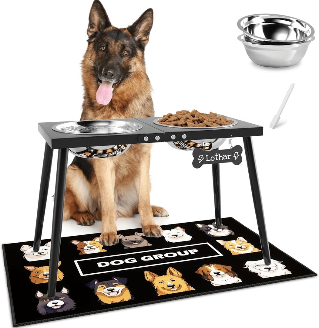 Metal Raised Dog Bowl Stand for Extra Large & Large, Dogs Food & Water Bowls 15" Tall,with Sprill Proof Mat, Raised Stand Black (70OZ-Stainless Steel Dog Bowls, Mat-20x31)