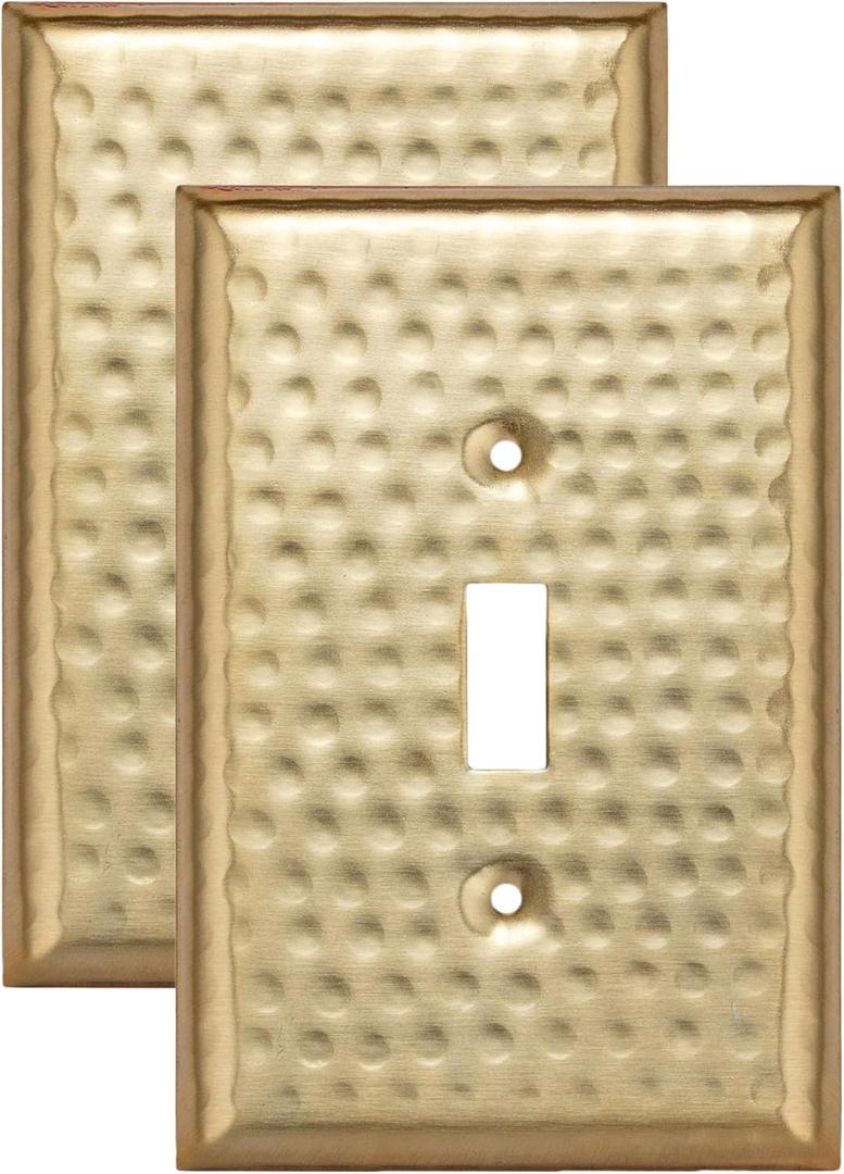 Monarch Abode Single Toggle Light Switch Cover Plate  1-Gang Brushed Gold Outlet Covers, Hand Hammered Decorative Outlet Cover Wall Plates, Light Switch Plate Covers for Electric Outlets, Pack of 2