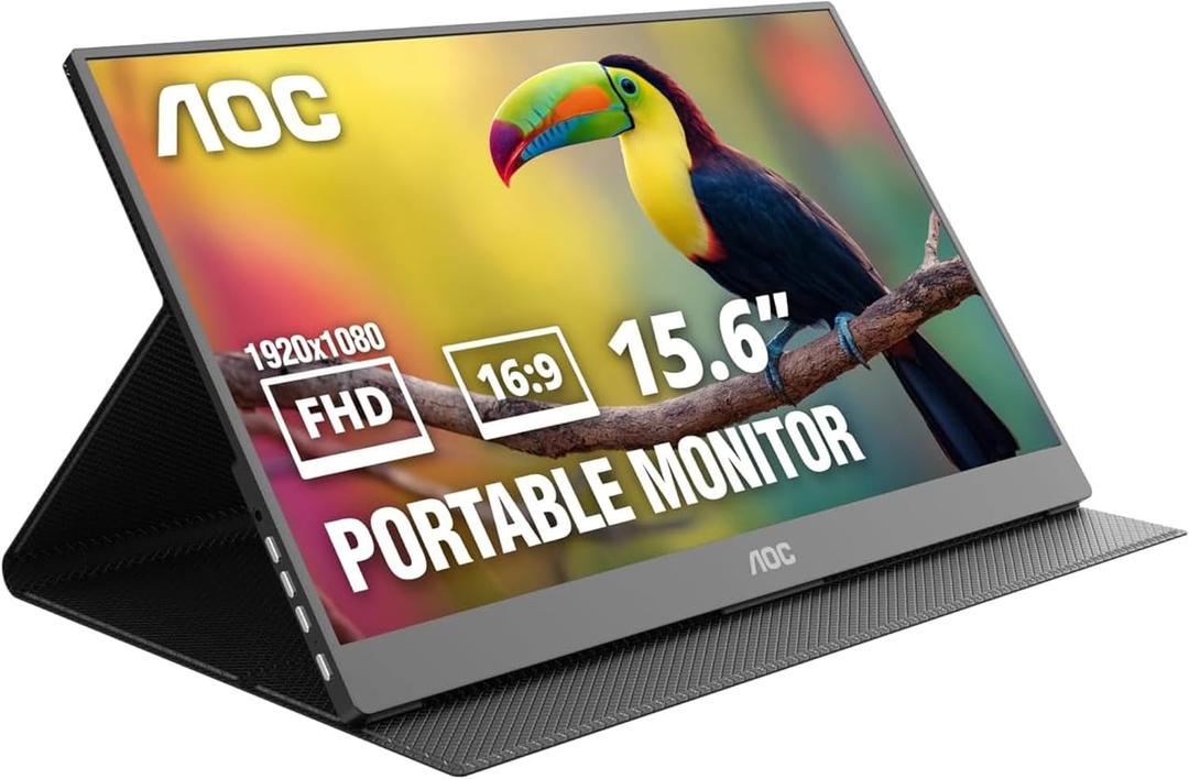 AOC 16T20 Portable Monitor 15.6" FHD 1080p IPS Display, USB-C x2, Mini HDMI, Built-in Speakers, Travel Monitor with Smart Cover, Compatible with Laptops, MacBook, Gaming Console Ready