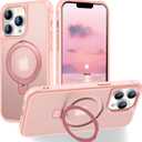 Magnetic Compatible with iPhone 13 Pro Case with Stand [Military Grade Drop Tested][Compatible with Magnet] Ring Translucent Slim Hard Back Soft Edge, Pink