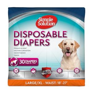 Simple Solution Disposable Dog Diapers, Female Dog Diapers, Puppy Potty Training, Incontinence and Heat Cycle Protection, Large Diapers for Dogs, 18-27 Inch Waist, 30 Count, L-XL