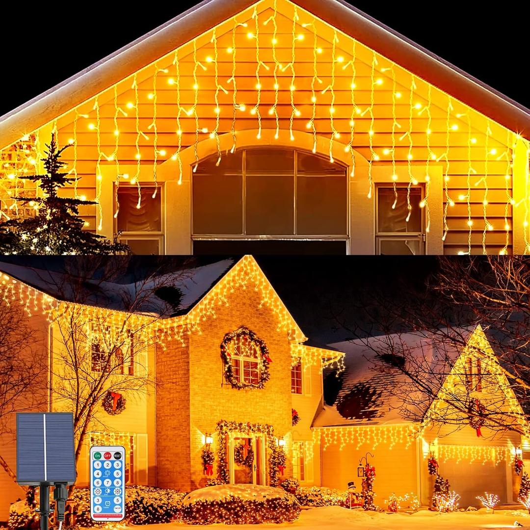Solar Icicle Lights Outdoor, 23Ft 256 LEDs Christmas Icicle Lights with 8 Lighting Modes, Remote Control, IP65 Waterproof Curtain Fairy Lights with 32 Drops for Window Xmas Garden Gazebo (7M)