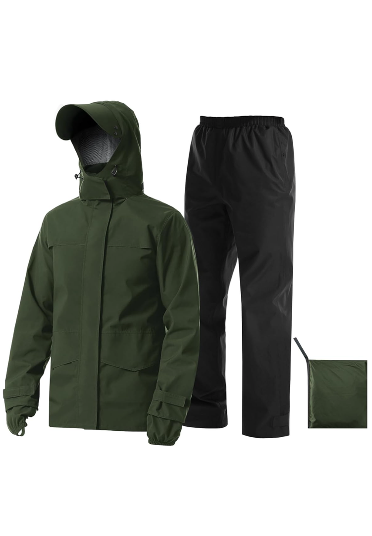 iCreek Rain Suit Waterproof Jacket with Pants 1Pieces Breathable Lightweight Packable Raincoat with Hooded Rain Gear Unisex (2XL, Army Green)