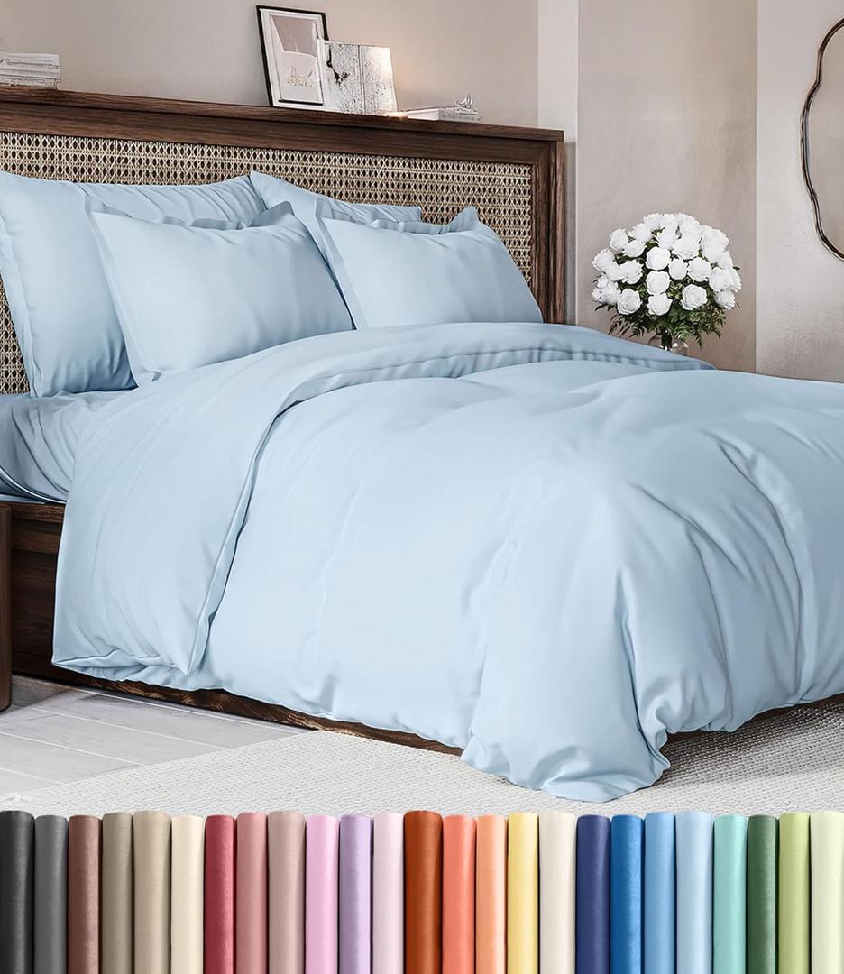 Duvet Cover Cal King Size Set - Extra Soft Cal King Duvet Cover 104" x 98" with 2 Pillow Shams - Hotel Luxury, Easy Care & Fade Free w/ Zipper Closures & Ties - Comfy, Cozy & Breathable (Light Blue)