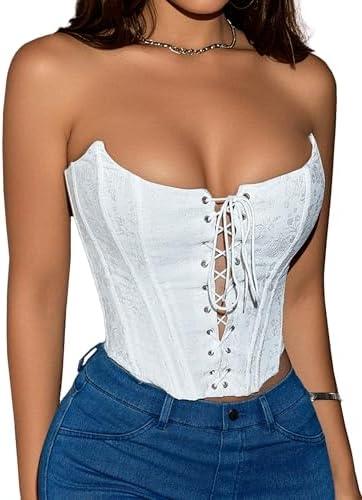 Benfoly Corset Tops for Women Lace Up Overbust Corset Bustier Halloween Costume Strapless Sexy Going Out Crop Top Tank, Large