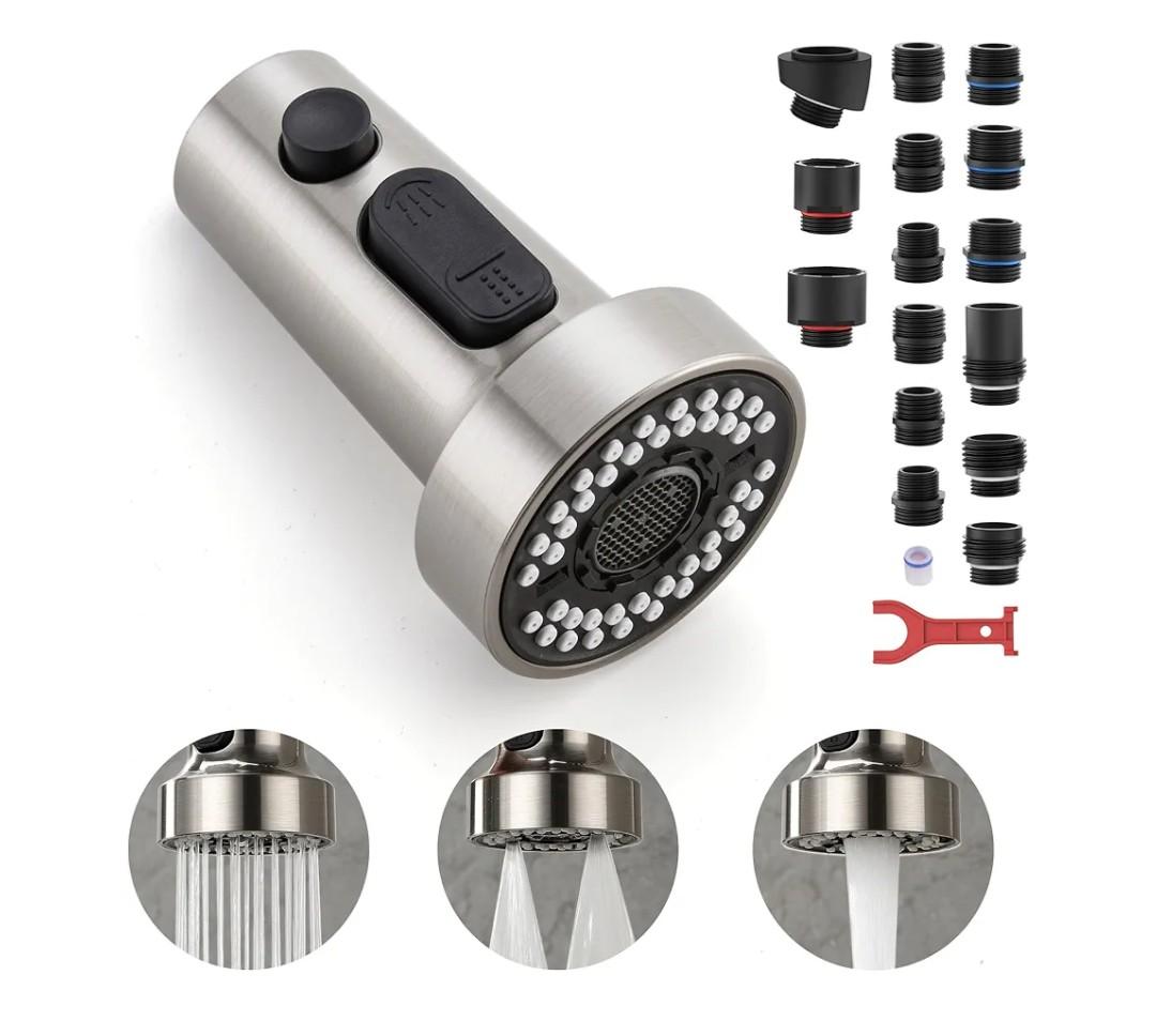 Pull Down Spray Head Replacement - for Kitchen Faucet Sprayer Head with 15 Adapters, 3 Function Pull Out Faucet Spray Nozzle, Brushed Nickel