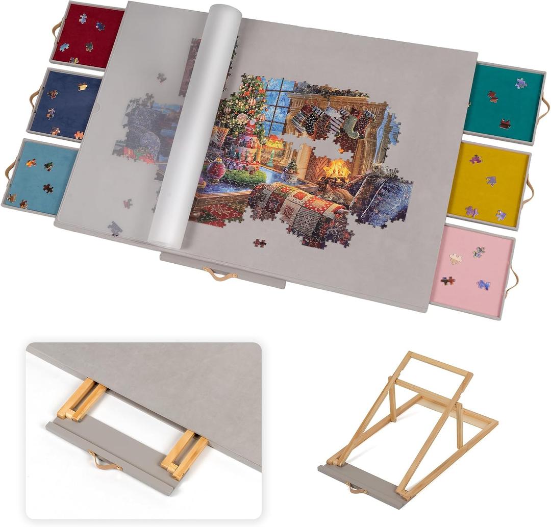 Lavievert Fully Flannel Covered Tilting Puzzle Board with 6 Drawers & Cover, Adjustable Plateau with Stand for Adults, Portable Puzzle Table with Non-Slip Tabletop for Up to 1500 Pieces - Gray