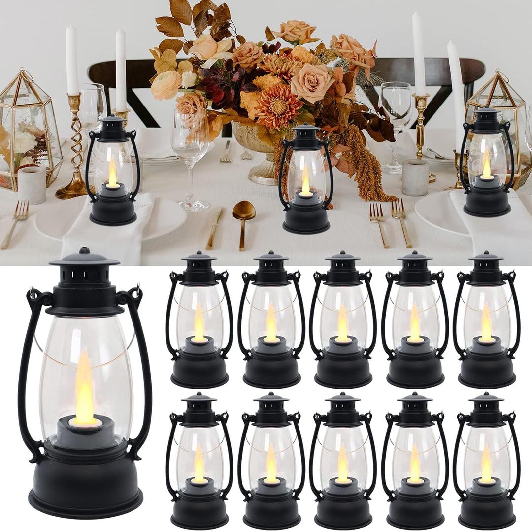 LLQ Mini Decorative Lanterns - 12pcs with Flicker Candles, Hanging Lanterns for Home & Wedding Decor, Table Centerpiece, Battery Included, Black