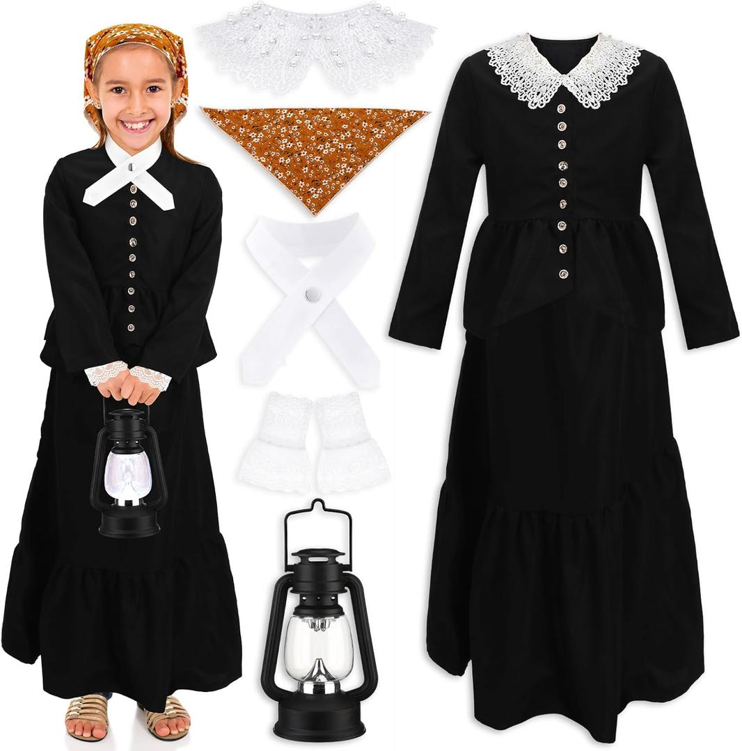 Panitay 6 Pc 1800s Colonial Costumes with Lace Cuffs Lace Collar LED Lantern for 100th Day of School Cosplay Party Girls Kids (Large)