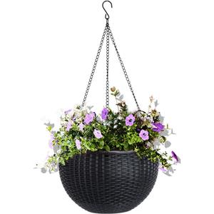Vencer 11 Inch Round Resin Self Watering Hanging Basket,Water Indicator,Modern Decorative Planter Pot for All House Plants,Black,VF-050B