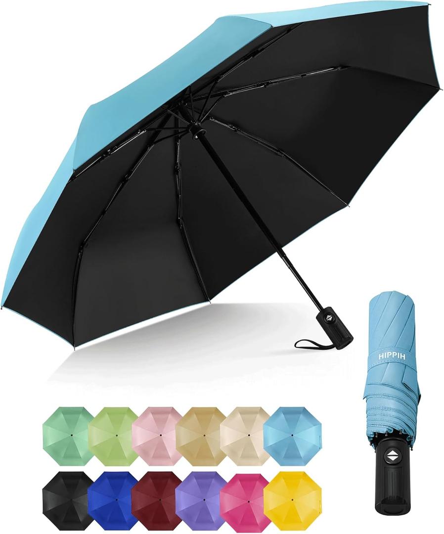 HIPPIH Compact Travel Umbrella for Rain - Windproof Automatic Umbrellas, UV Umbrella for Sun Protection with Black Anti-UV Coating, Portable Small Umbrellas for Backpack, Car, Walking, Kids, Women (Auto-Sky Blue)