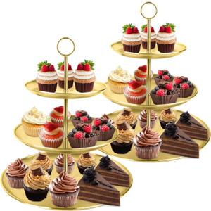 3 Tier Gold Cupcake Stand Stainless Steel Dessert Display Rack with Removable Tiered Tray for Parties,Weddings,Birthdays,Decorations,Any Festivals and Festivities(Stainless Steel Pole-2 Pack)