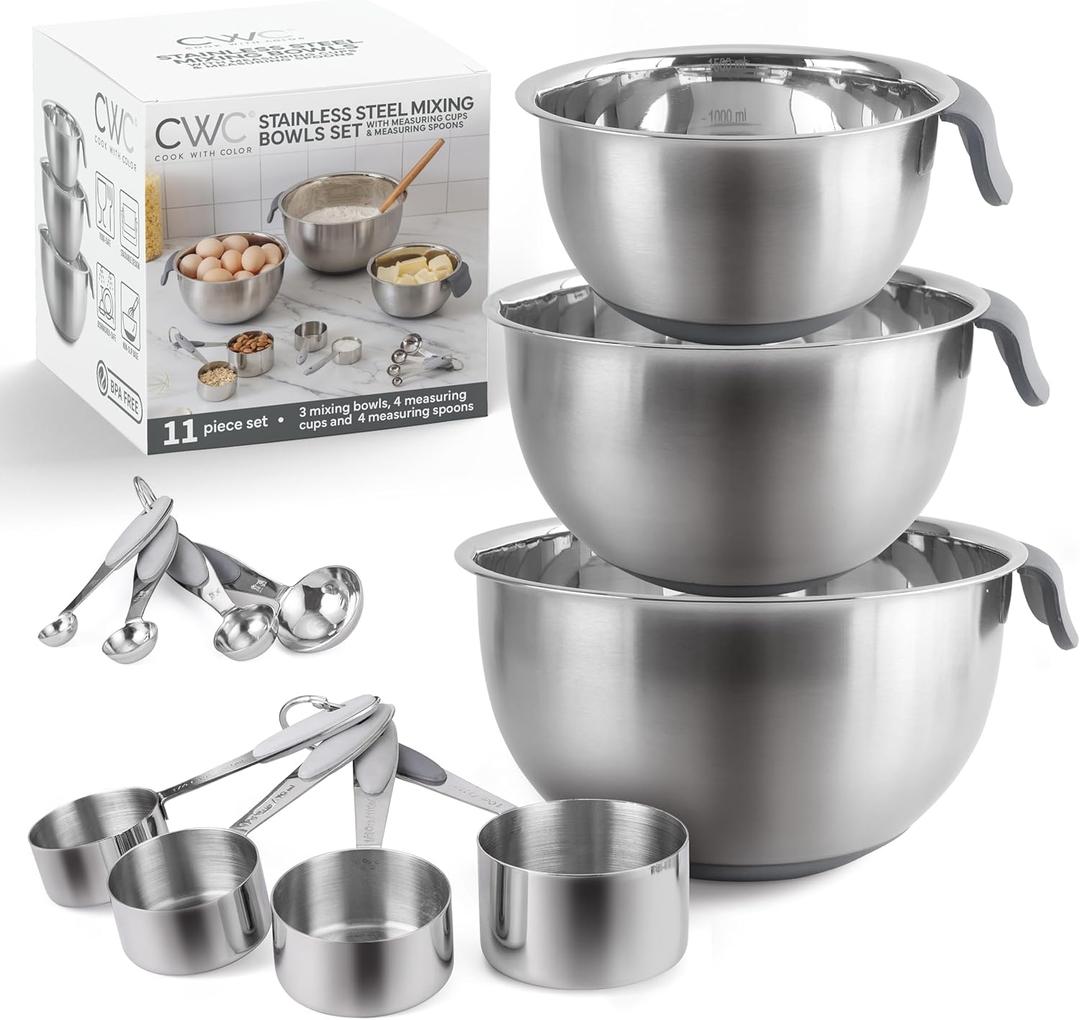 COOK WITH COLOR Stainless Steel Mixing Bowls Set and Measuring Cups - Nesting Bowls with Non-Slip Bottom and Easy-Grip Handles, Grey, 11 Pieces (Gray)
