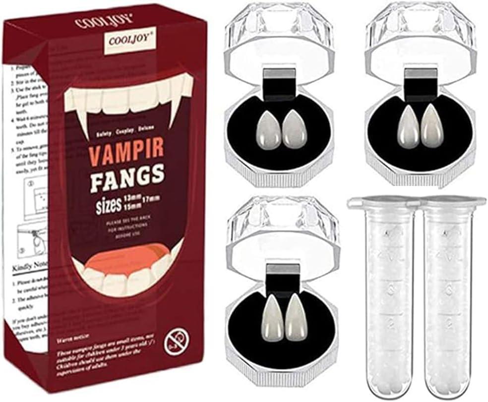 COOLJOY 3 Sizes Vampire Fangs Teeth with Adhesive Halloween Cosplay Props White Horror False Teeth Props Party Favors Masquerade Accessories Gift