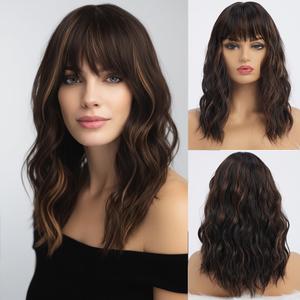 simkaylee Dark Brown Wigs with Highlights for Women Synthetic 16 inch Medium Length Wigs with Bangs Natural Long Wavy Fringe wig Heat Resistant Hair for Daily Party Use (16 inch)