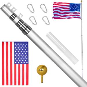 GUOHONG 25FT Telescoping Flag Poles Kit,Extra Thick Heavy Duty 16 Gauge Aluminum Telescopic Flagpole Kit with 3'x5' US American Polyester Flag,Can Hang 2 Flags for Residential,Outdoor