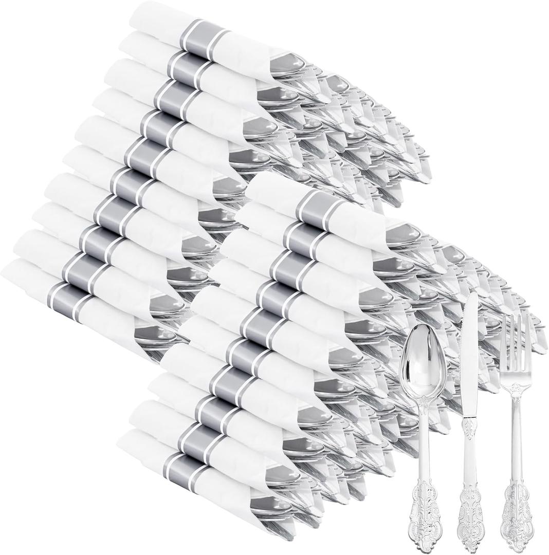 400PCS Pre Rolled Silver Plastic Silverware Sets - Heavy Duty Fancy Silver Cutlery - Include 100 Pack Wrapped Disposable Utensils with Napkins for Parties, Dinners & Weddings