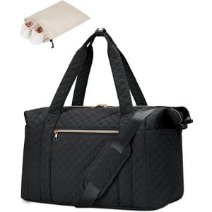 Ceneda Travel Duffle Bag - Quilted Weekender Overnight Bags For Women with Wet Pocket & Shoe Bag, Fits Airline Approved Personal Item Size (Black), 2 Bags