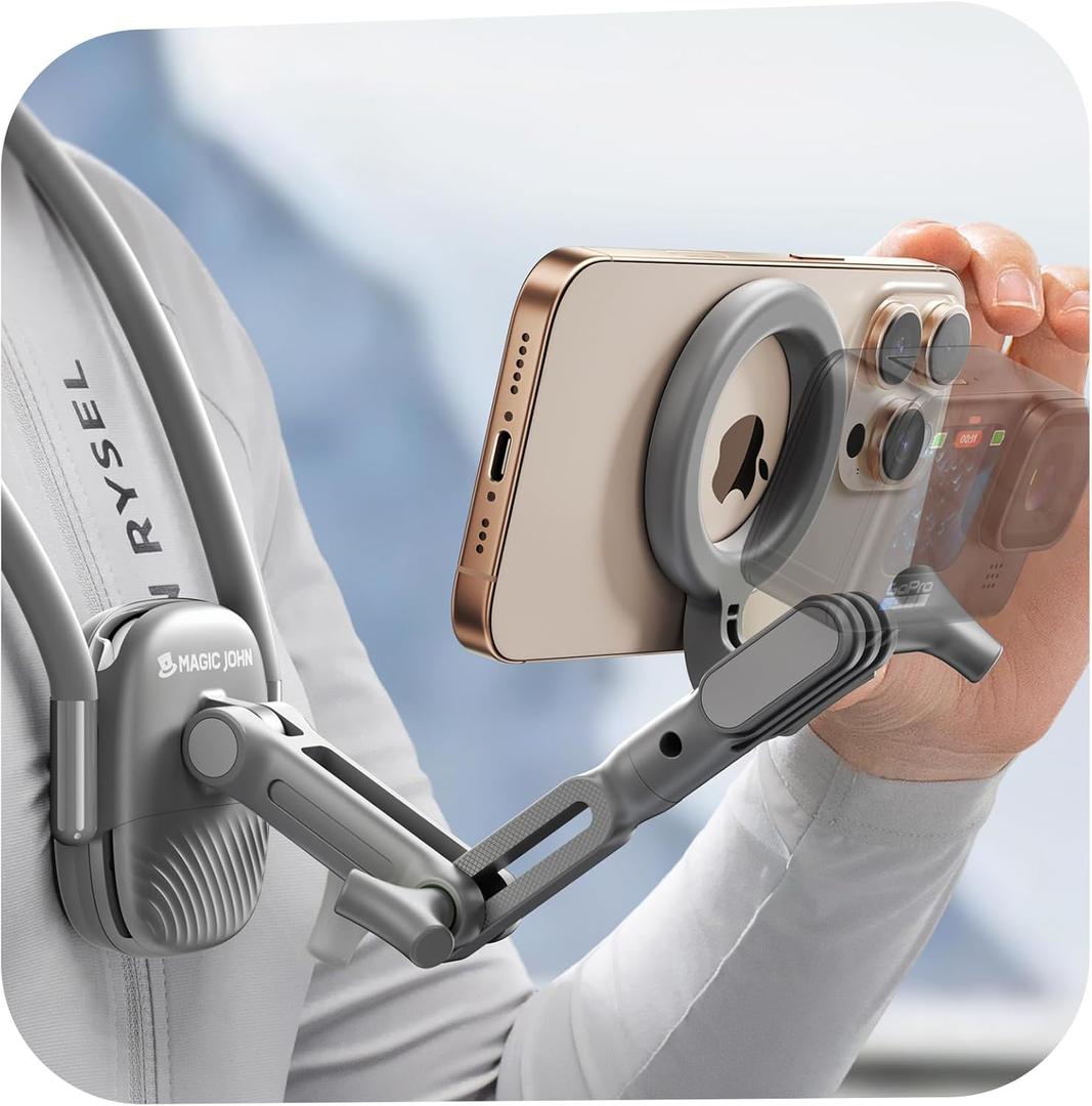 MAGIC JOHN Magnetic Neck Mount for Phones/Action Camera, Neck Cell Phone Holder POV/Vlog Selfie Mount Chest Stand Strap Video Recording for iPhone Samsung Phones AKASO/Go Pro/Insta360X5/DJI360 Camera
