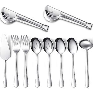 Patelai Serving Utensils Set Include Stainless Steel Large Spoons Slotted Spoons Forks Tongs Soup Ladle and Pie Server for Parties Buffet Catering, Dishwasher Safe(Silver, 10 Pieces)