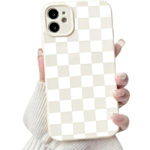 NITITOP Compatible with iPhone 12 Case Cute Aesthetic Checkerboard Checkered Pattern for Women Girl Trendy Slim Fit TPU Silicone Shockproof Full Camera Protection Cover - White