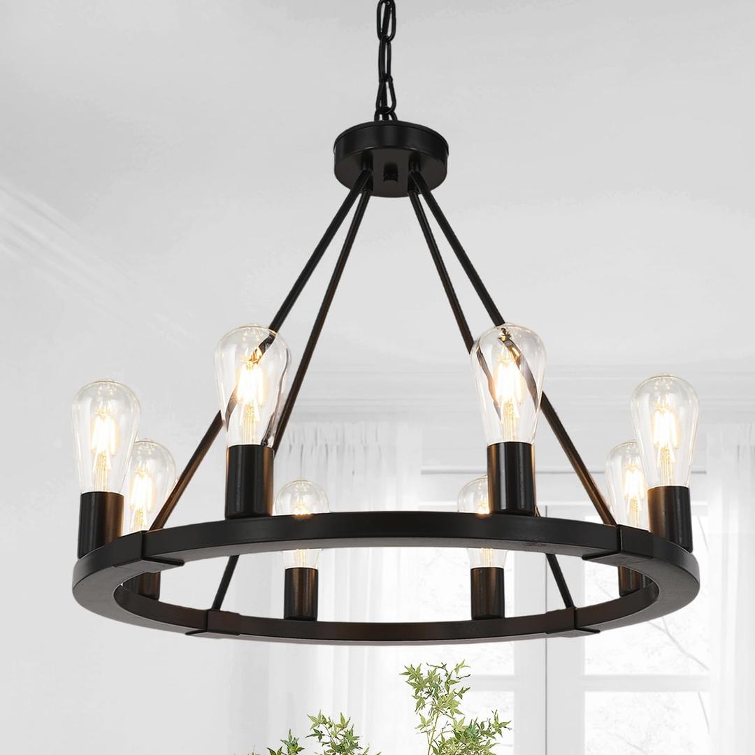 8 Lights 23.6" Black Wagon Wheel Chandelier Farmhouse, Metal Round Industrial Rustic Vintage Kitchen Island Pendant Light for Living Room Kitchen Dining Room Foyer Entryway