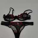 Lilosy Sexy Floral Embroidered Flower Mesh Underwire Push Up Lingerie Set (XL, Black Red)