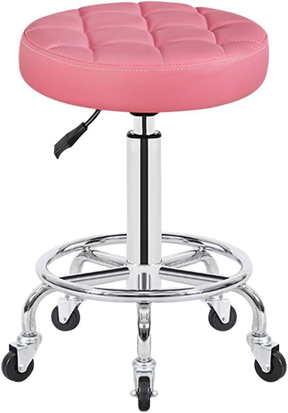 Adjustable Height Chrome Steel Bar Stool Round Cushion 13inch, Salon Rolling Stool Swivel Chair On 5 Wheels, Counter Stools (Color : Pink)