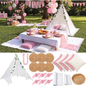 91'' x 110'' Extra Large Outdoor Boho Picnic Blanket Pink Table Runner Lace Teepee Tent 6 Throw Pillow 6 Napkins 6 Placemats Storage Basket Garland for Picnic Camping Wedding Garden