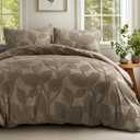 DELIGHT HOME Duvet Cover Queen Size - Clipped Jacquard Leaf Queen Duvet Cover with 8 Corner Ties & 7 Buttons, 3 Pieces Breathable Shabby Chic Bedding Set with 2 Pillow Shams, Brown, 90x90 Inches