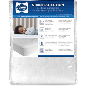 Sealy Baby Stain Protection Fitted Waterproof Infant Crib Mattress Protector Pad and Toddler Bed Cover, Durable and Comfortable Topper, Machine Washable and Dryer Friendly, 52 x 28- White (Pack of 1)