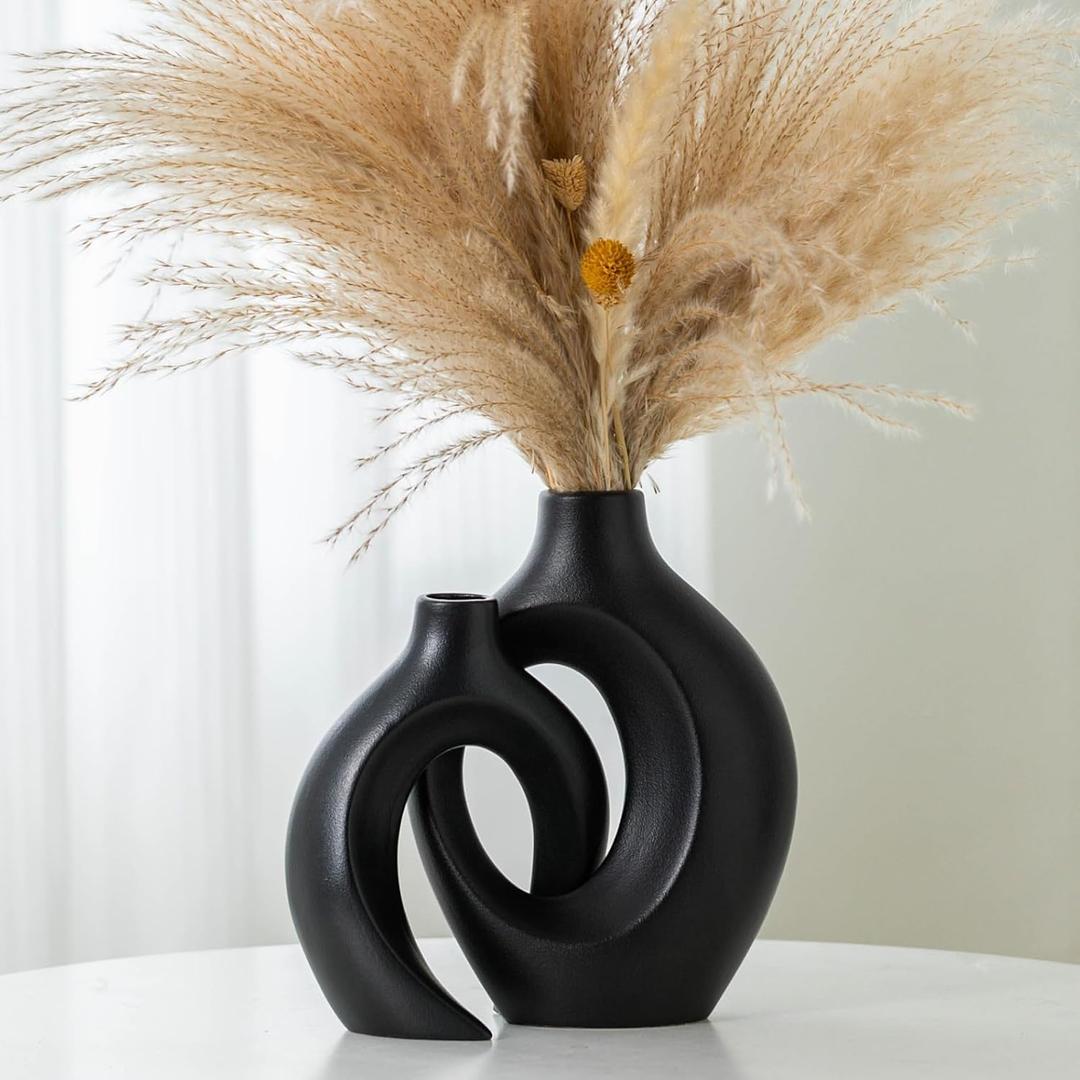 Black Vases Home Decor Set of 2, Ceramic Black Small Flower Vase, Minimalist Boho Decorative Modern Donut Vase for Farmhouse Living Dining Room Office Entryway Bookshelf Coffee Table Dcor (Large-matte Black)