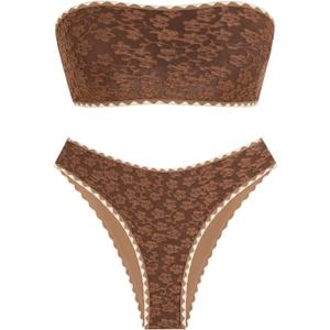 ZAFUL Women's High Cut Bandeau Bikini Set Strapless Solid Color 2 Pieces Bathing Suit Swimsuit (Medium, 14-brown)