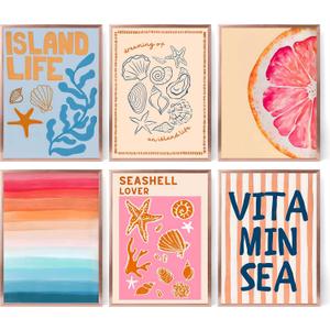 6Pcs Coastal Canvas Wall Art Island Life Beach Seashell Ocean Posters Prints Tropical Pictures Wall Decor for Living Room Bedroom Bathroom Home Decoration 8''x10'' Unframed